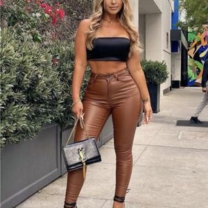 High-Waist Faux Leather Slim Pants in Brown